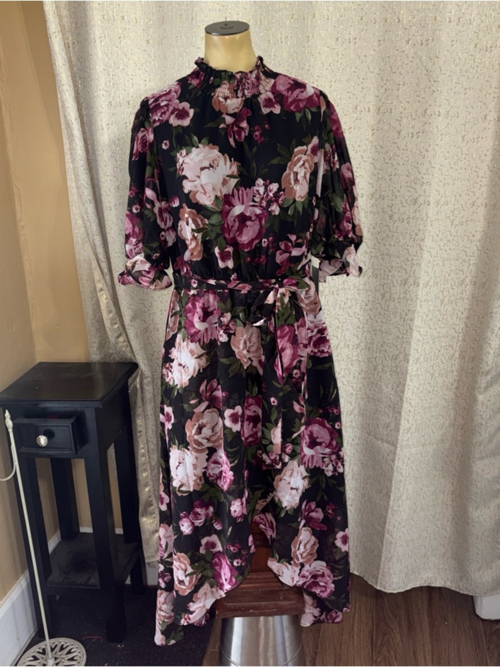 Eliza J Black Floral Asymmetrical Midi Dress NWT, size 14